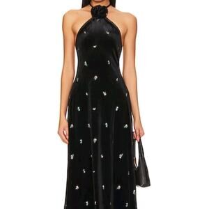 We Wore What High Neck Halter Dress In Black Velvet With Flowers Size Small NWT